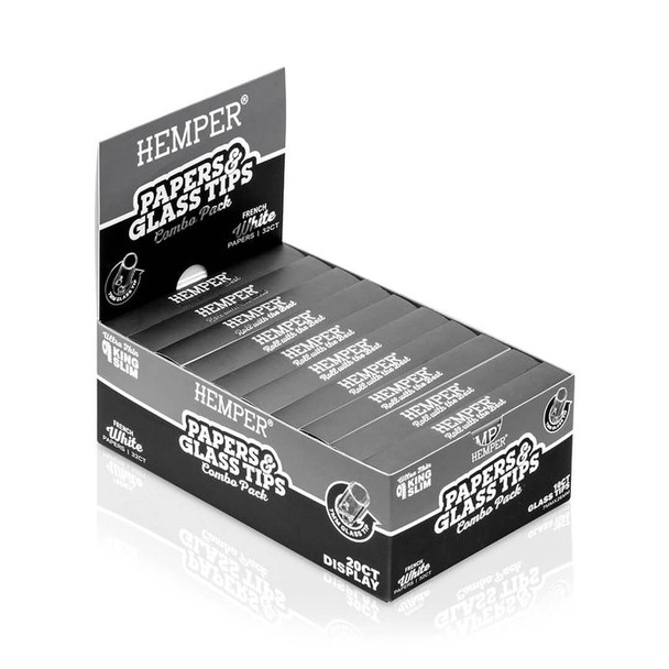 HEMPER Classic White Papers & Glass Tips 20-pack display with black-and-gray retail combo packs