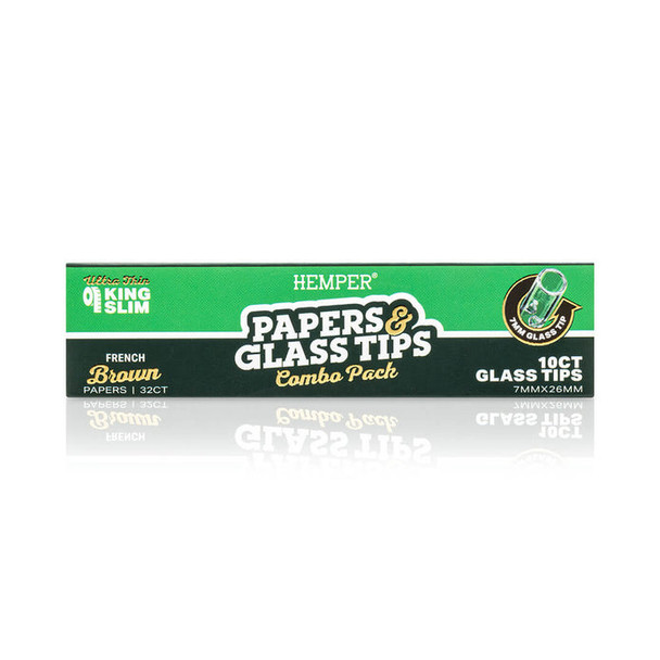 Front edge of HEMPER Natural Brown Papers & Glass Tips pack with paper count and 7 mm glass tip details