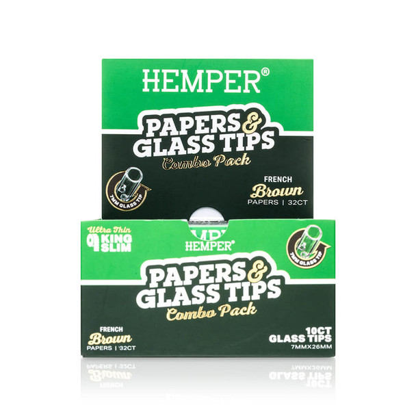Front-facing HEMPER Natural Brown combo pack showing 32 king size papers and 10 glass tips