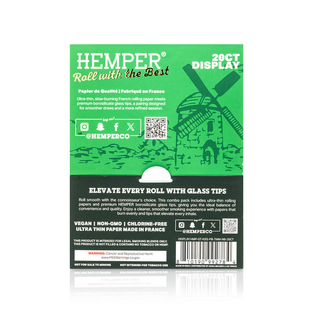 Back of HEMPER Natural Brown display packaging with product information, barcode, and warning panel