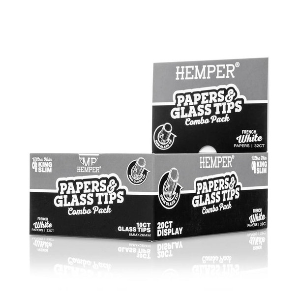 HEMPER Classic White Papers & Glass Tips display showing 20 combo packs and branded display header