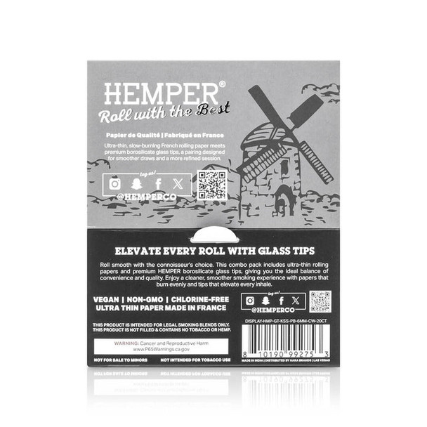 Back of HEMPER Classic White display packaging with product information, warning panel, and barcode