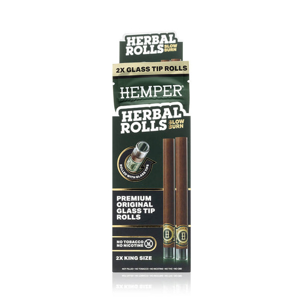 HEMPER Natural Herbal Rolls retail pack with two brown king size rolls and clear glass tips