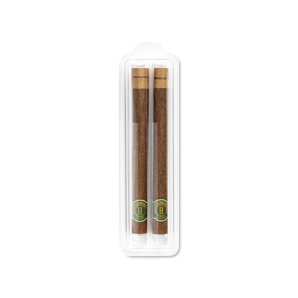Two HEMPER brown herbal rolls with clear glass tips secured inside a transparent retail tray