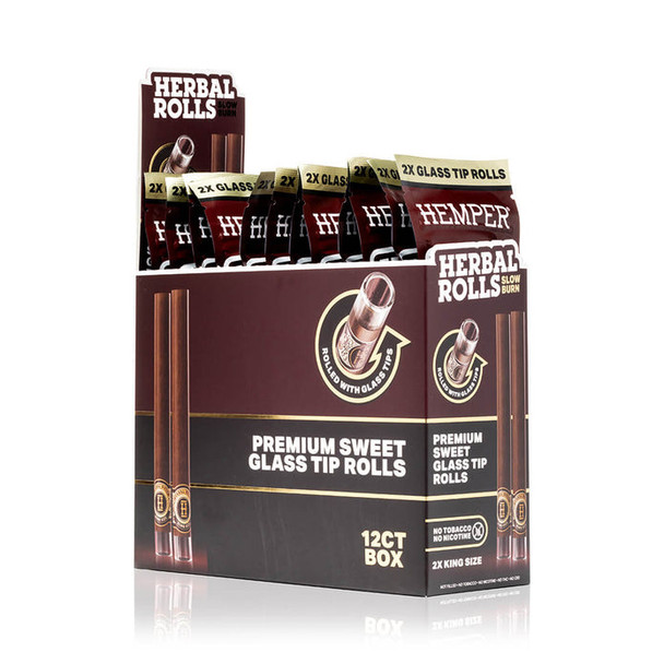HEMPER Sweet Glass-Tipped Herbal Rolls 12-pack display in burgundy-and-black packaging