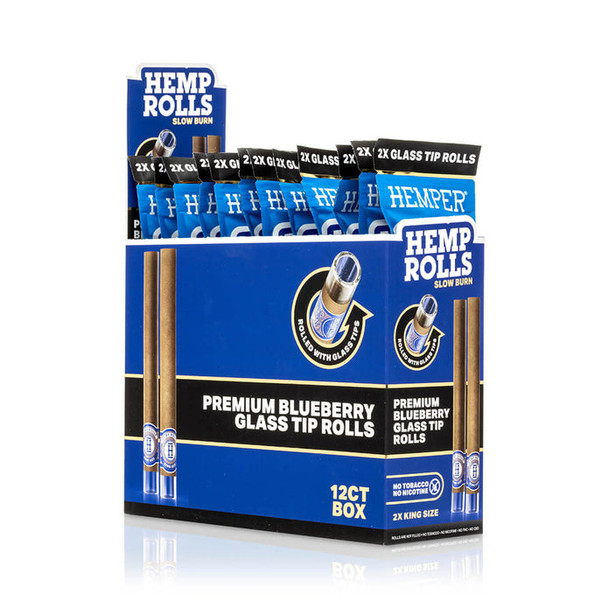 HEMPER Blueberry Glass-Tipped Hemp Rolls 12-pack display in blue packaging with king size roll graphics