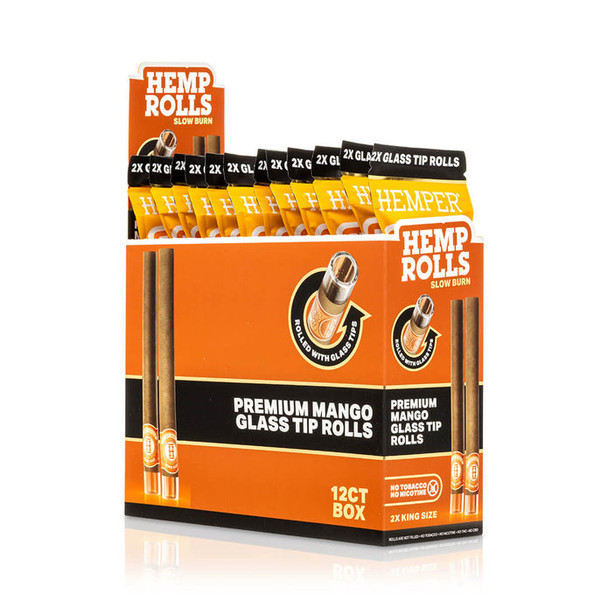 HEMPER Mango Glass-Tipped Hemp Rolls 12-pack display in orange packaging with glass-tip roll graphics
