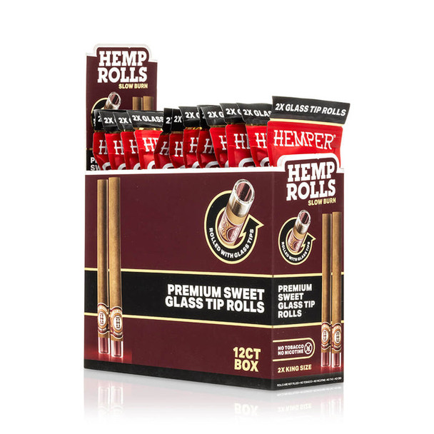 HEMPER Sweet Glass-Tipped Hemp Rolls 12-pack display in burgundy and red packaging with two-roll packs
