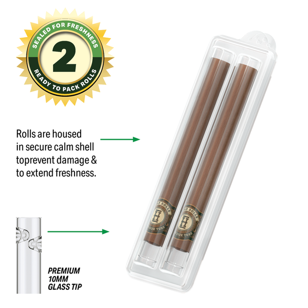 Two HEMPER hemp rolls secured in clear clamshell packaging with detail view of the 10 mm glass tip