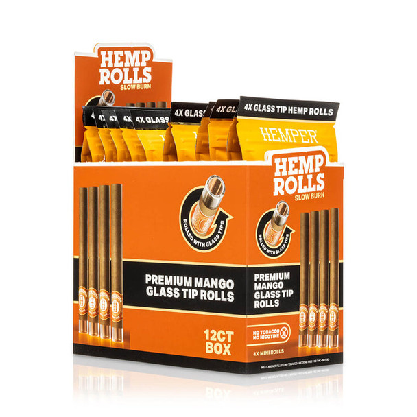 HEMPER Mango Mini Glass-Tipped Hemp Rolls 12-pack display with orange four-count retail pouches