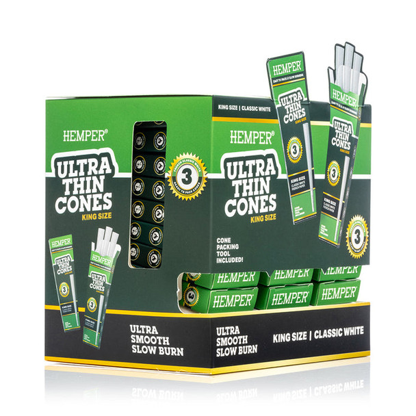 HEMPER Ultra Thin King Size Classic White paper cones in green 24-pack retail display