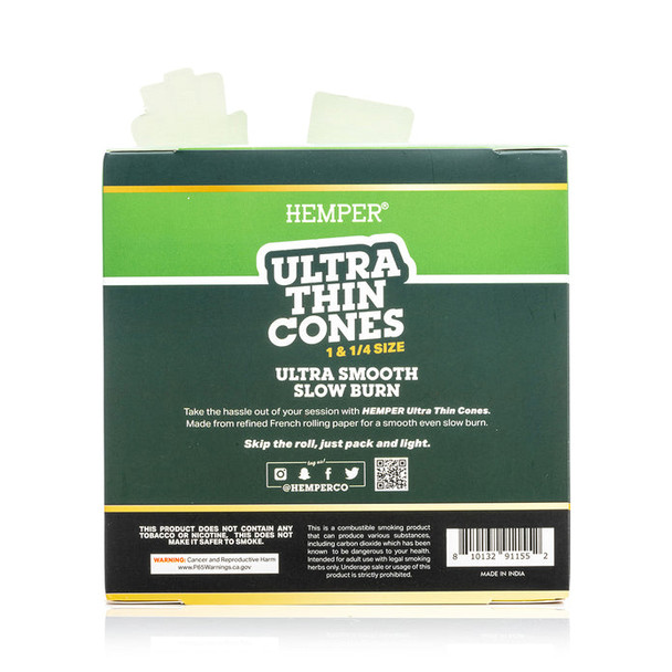 Back of HEMPER Ultra Thin 1 1/4 paper cone display with branding, barcode, and product information