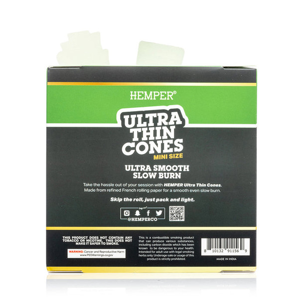 Back of HEMPER Ultra Thin Mini cone display with product information, warning panel, and barcode