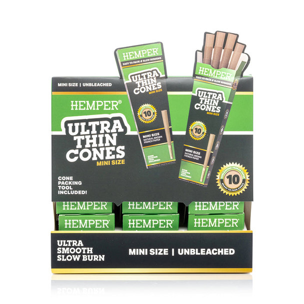 HEMPER Ultra Thin Mini French Brown paper cones in green 24-pack countertop display with 10 cones per pack