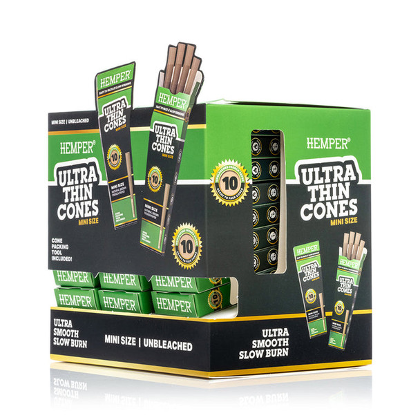 Side view of HEMPER Ultra Thin Mini French Brown cones 24-pack display with retail pack graphics