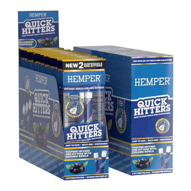 HEMPER Blueberry Quick Hitters display with blue 2-pack bags, fruit graphics, and ceramic-bowl one hitters