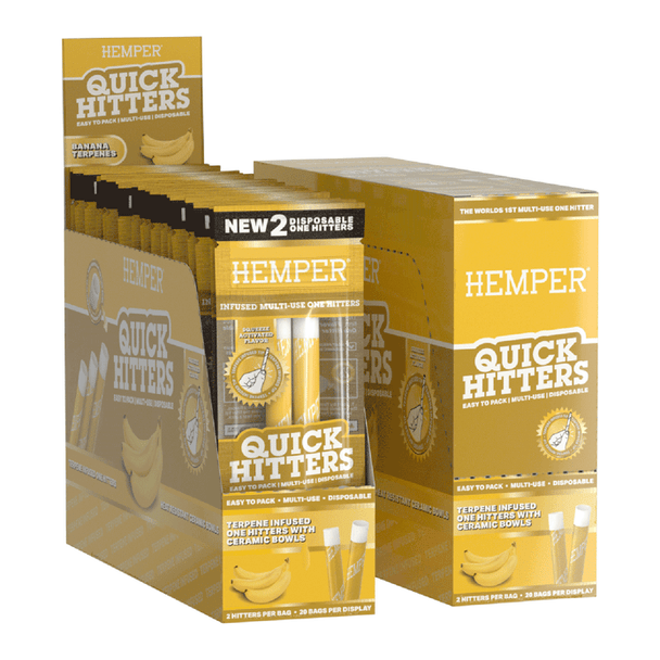 HEMPER Banana Quick Hitters display with yellow 2-pack bags and banana terpene graphics