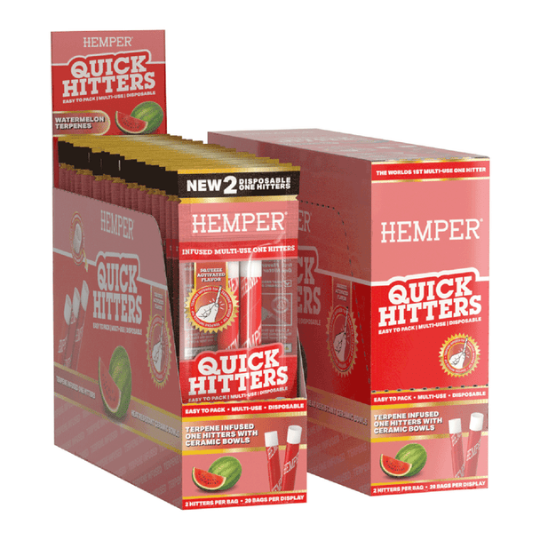 HEMPER Watermelon Quick Hitters display with red 2-pack bags, watermelon graphics, and ceramic-bowl one hitters