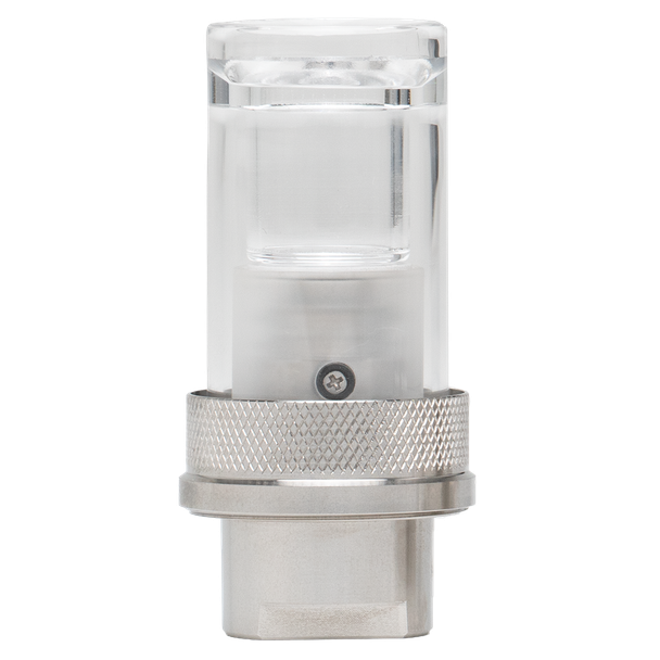 Front view of clear DaVinci EQ Quartz Crucible with textured metal retention ring and cylindrical connector