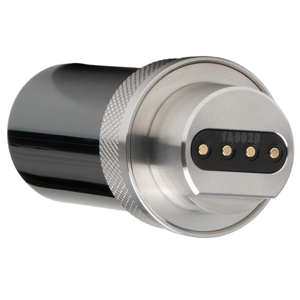 Bottom view of DaVinci EQ atomizer showing silver metal housing and four gold electrical contact points