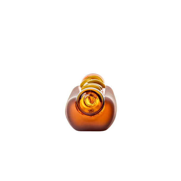 End view of Glizzy hot dog glass hand pipe showing circular opening and yellow mustard glass detail