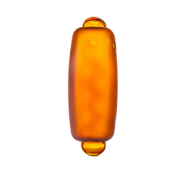 Bottom view of amber-orange Glizzy hot dog hand pipe showing frosted glass body and rounded ends