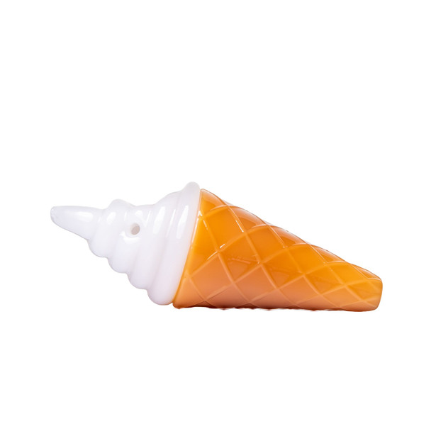 Side view of orange and white ice cream cone glass hand pipe showing textured waffle pattern and side opening