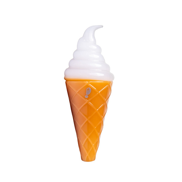 Rear view of white and orange ice cream cone glass hand pipe with waffle texture and small question mark detail