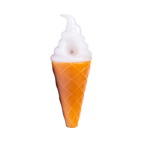Front view of ice cream cone glass hand pipe with white swirled top and orange crosshatch cone