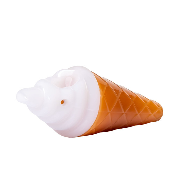 Angled view of ice cream cone glass hand pipe showing white swirled bowl area and orange cone body