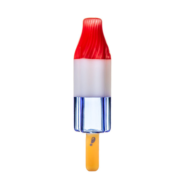 Rear view of red, white and blue popsicle glass hand pipe with yellow stick and question mark detail
