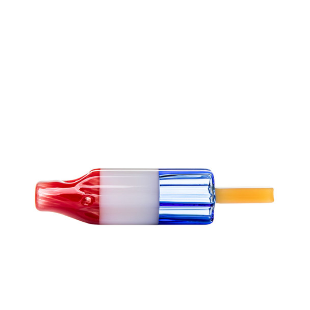 Profile view of popsicle-shaped glass hand pipe showing layered red, white and blue body with yellow stick