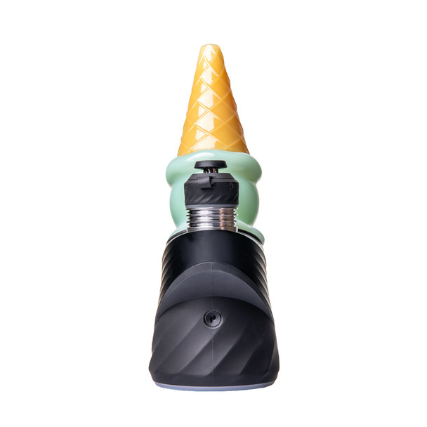 Front view of mint-green ice cream cone Peak top installed on black Puffco device with golden waffle cone