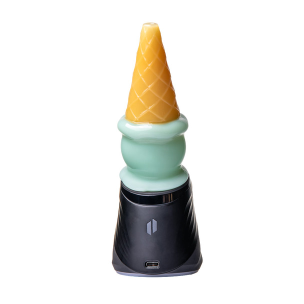 Rear view of ice cream cone Peak top installed on black Puffco device with mint-green and golden glass