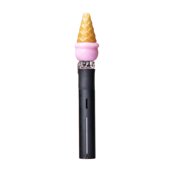 Pink ice cream cone Pivot top attached to a black handheld device, shown from the front
