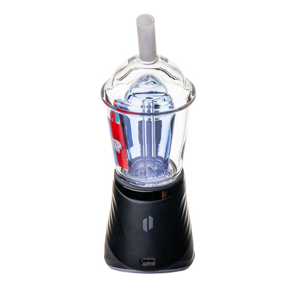 Front view of Sip-N-Dip glass Peak top mounted on a black device with blue interior chamber