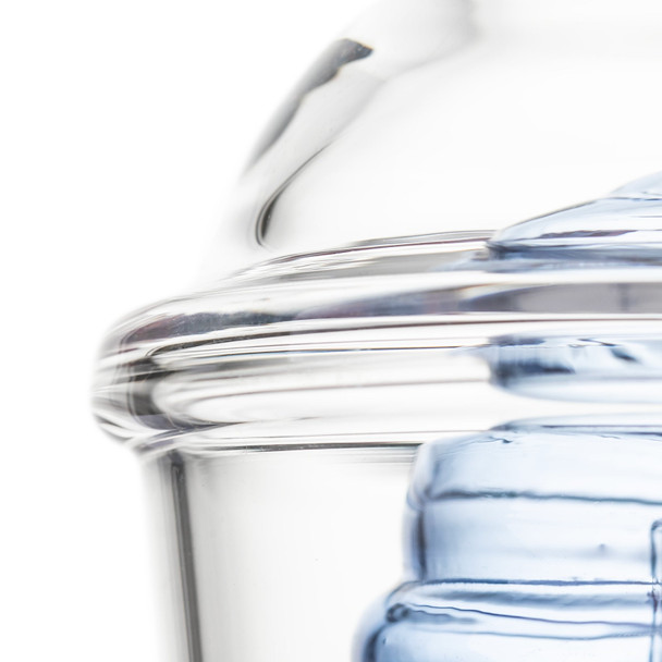 Macro detail of thick clear glass rim and blue interior section on the Sip-N-Dip Peak top