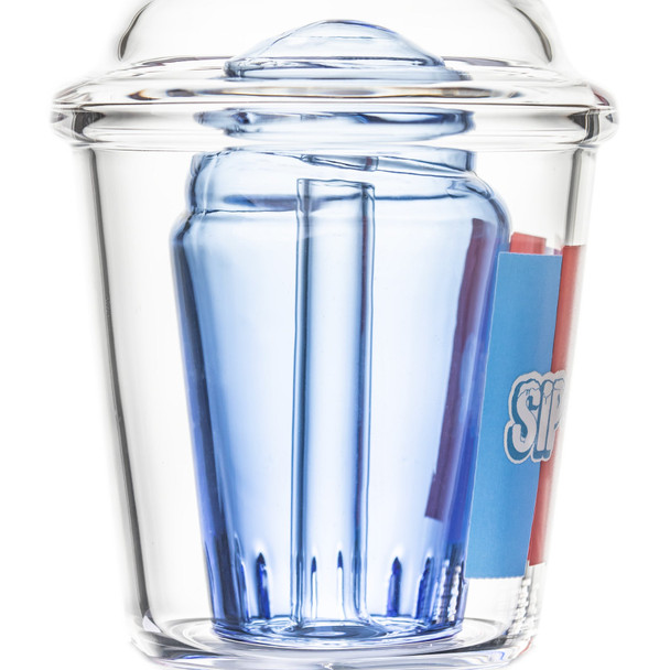 Close-up side view of Sip-N-Dip Peak top showing blue interior glass and clear outer cup wall