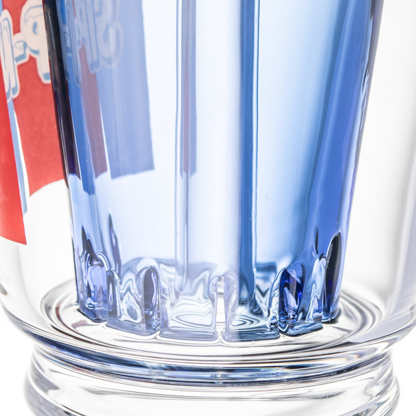 Close-up of Sip-N-Dip Peak top showing blue interior glass details inside the clear cup-shaped body