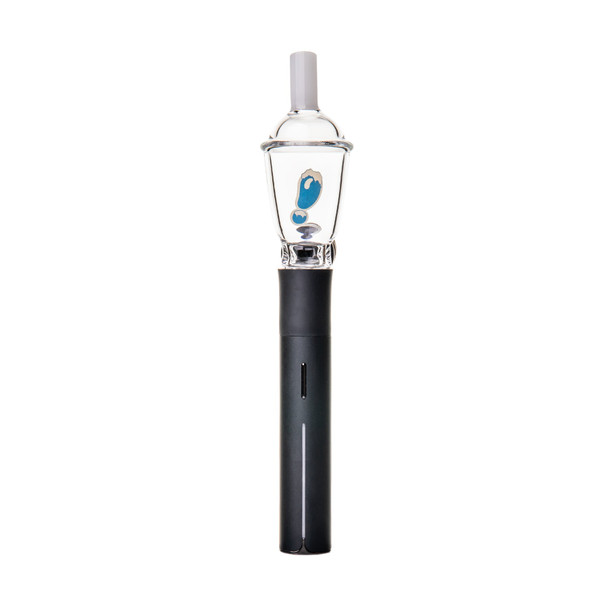 Front view of Sip-N-Dip Pivot Top installed on a black handheld device with clear glass cup design