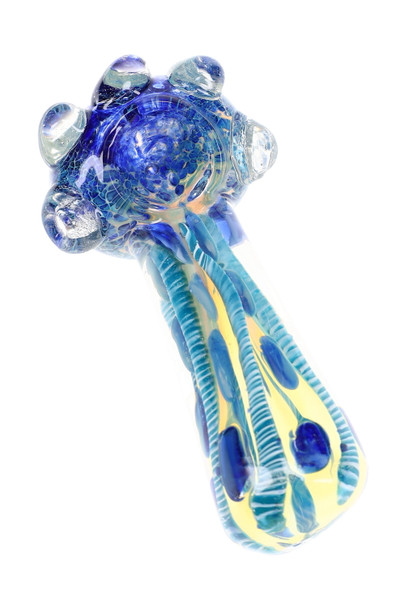 Close-up blue and aqua glass spoon pipe with frit bowl, striped stem, blue accents and raised clear glass marbles