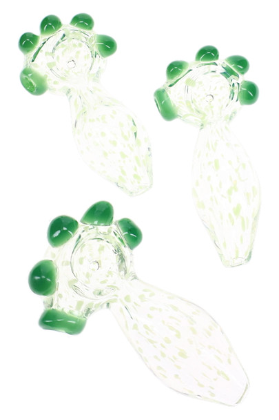 Three clear glass spoon pipes with neon green dot accents and raised green glass marbles around the bowls