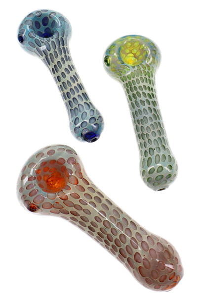 Three 4.5" silver-fumed glass spoon pipes with repeating bubble-dot patterns in blue, green, and orange tones