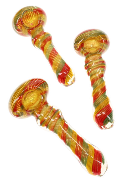 Three views of 5" glass spoon pipe with red, yellow, and green spiral stripes and twisted body detailing