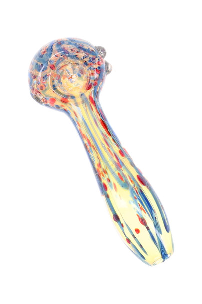 Close-up 4.5" glass spoon pipe with blue and red frit details, yellow-toned body, raised marbles, and rounded bowl
