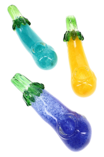 Three 5.5" eggplant-shaped glass spoon pipes in turquoise, yellow, and purple with contrasting green glass accents