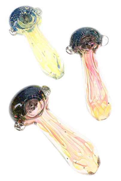 Assorted 4.5" gold-fumed glass spoon pipes with colorful stems, dark frit bowls, bubble accents, and clear marbles