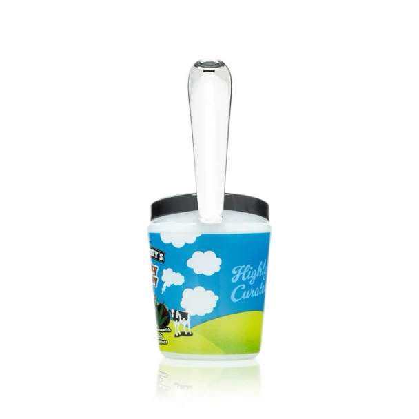 Rear view of Hemper ice cream pint hand pipe with upright clear glass stem and blue, white, and green wrap design
