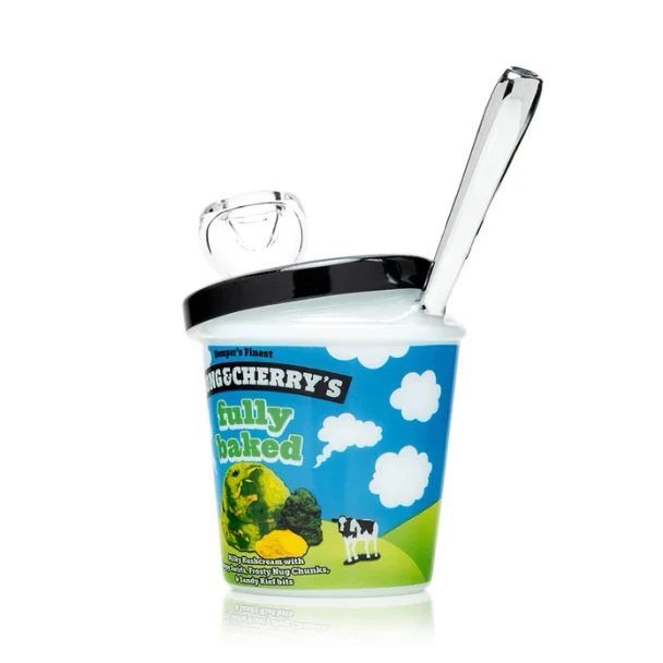 Hemper Fully Baked ice cream pint bong with clear bowl, angled spoon-style mouthpiece, and blue-green graphics