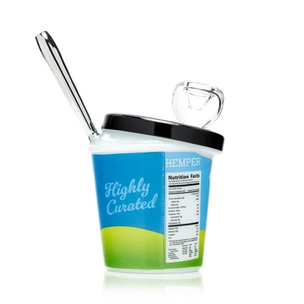 Side view of Hemper Fully Baked bong showing clear bowl, angled mouthpiece, and nutrition-style label graphic
